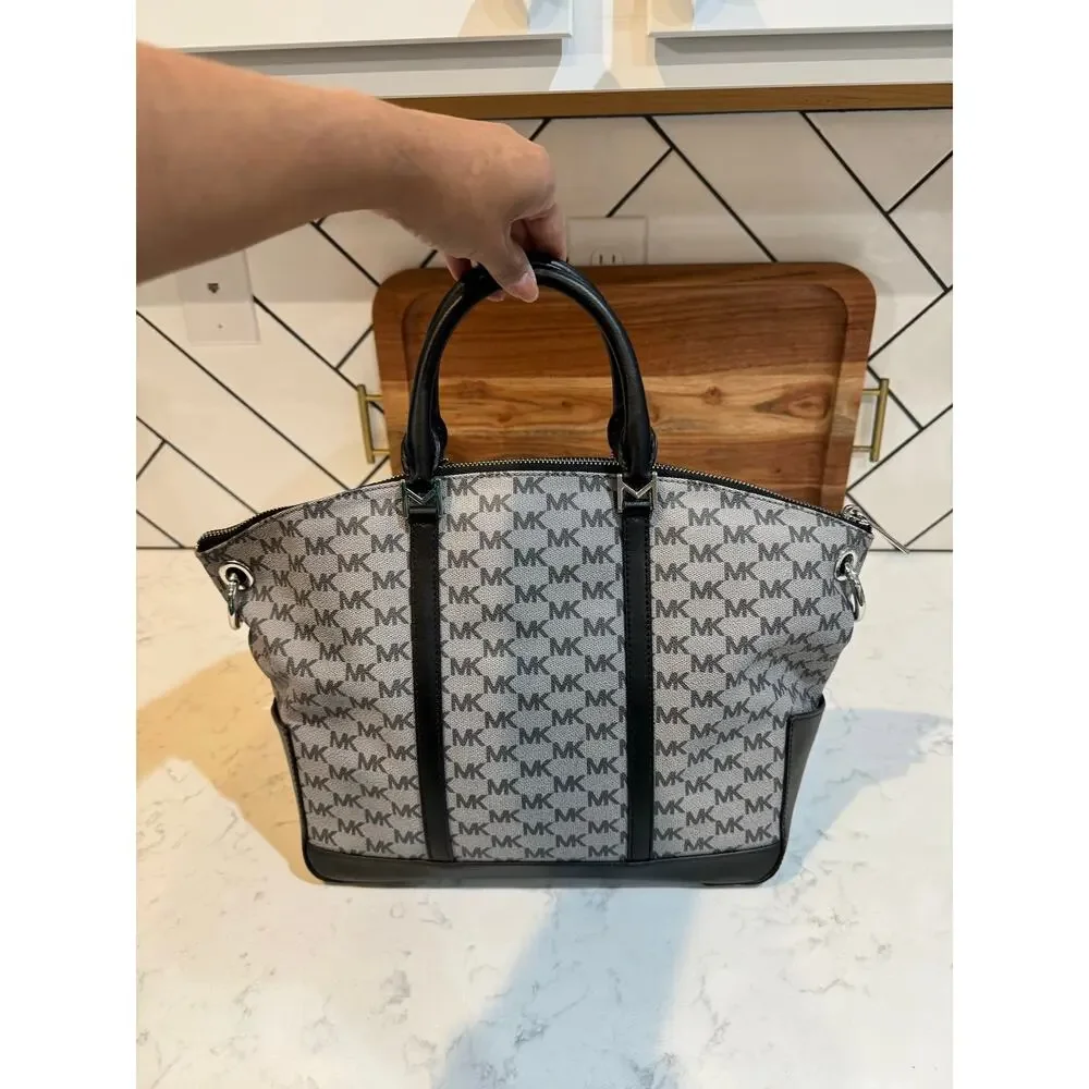 Michael Kors Monogram MK Logo Large Satchel Purse gray black w/bag charm 2018